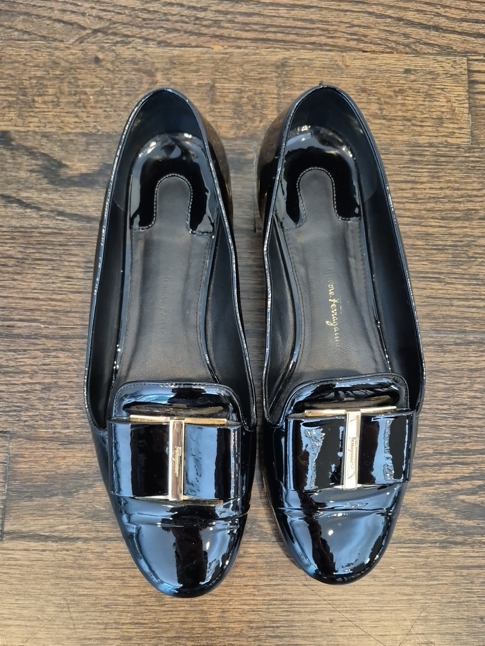 Salvatore Ferragamo Black Patent Vara Bow Loafers